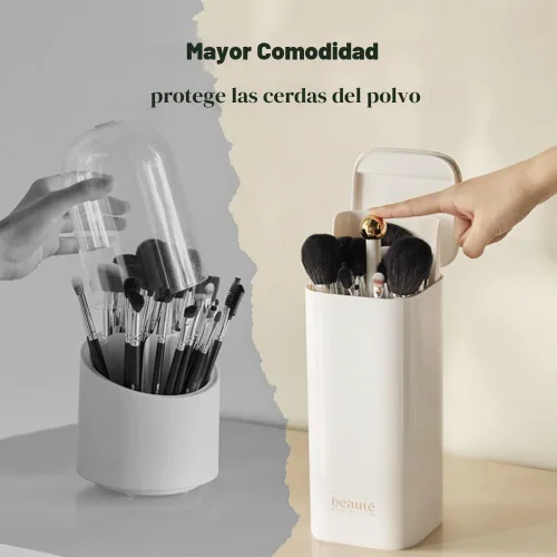 Vista 4 de Soporte de cepillo de maquillaje de elevación automática con tapa a prueba de polvo organizadores cosméticos para tocador-blanco