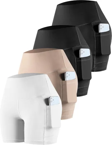 Vista 27 de CHRLEISURE - Pantalones cortos de ciclismo para mujer con bolsillos de licra, cintura alta, con control de abdomen para entrenamiento, yoga