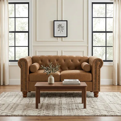 Vista 4 de Sofá de dos plazas de cuero aireado capitonado, sofá de brazo enrollado con adornos de cabeza de clavo y 2 almohadas de cuello enrollado, decoración