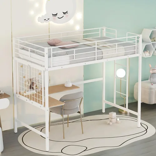 Vista 3 de Harper & Bright Designs Cama tipo loft individual con escritorio y rejilla de metal, marco de cama de metal con barandillas de longitud completa