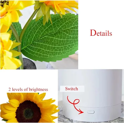 Vista 5 de Lámpara de girasol, girasol artificial en maceta con luces LED, luz nocturna LED USB, lámpara de mesa, mesita de noche, dormitorio, luz decorativa