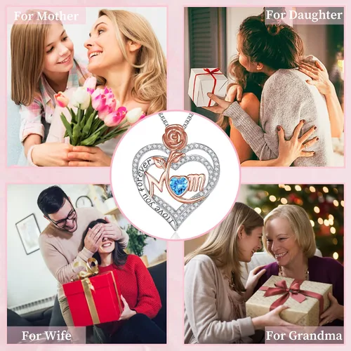 Vista 2 de MOOSEA Mom Necklace for Women, Moissanite Diamond Side Stone Rose Heart Birthstone Necklace 18K White Gold Vermeil Interlocking Heart Necklace for