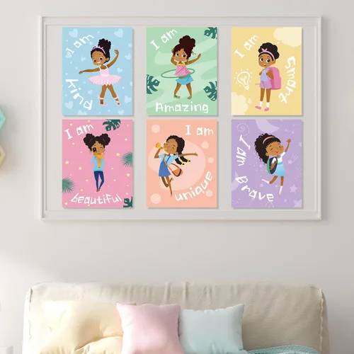 Vista 4 de Outus 9 piezas de decoración de pared de niña negra para habitación de niñas, cita inspiradora, arte de pared afroamericano, decoración de pared