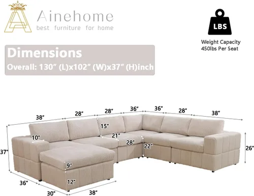 Vista 2 de A Ainehome Juego de sofá modular modular con otomanas de gran tamaño en forma de U, sofá modular de 7 asientos con tumbonas reversibles para sala