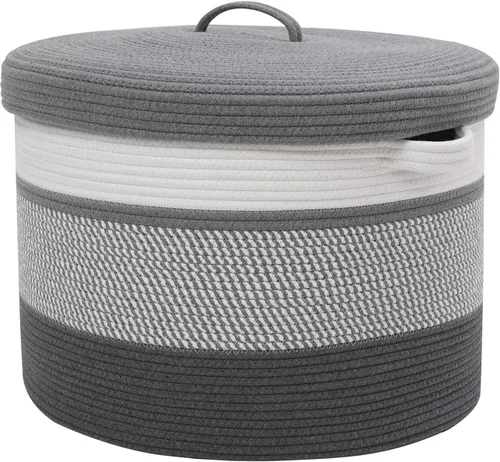 Vista 21 de Cesta de almacenamiento extra grande de 16" x 16" x 18" con tapa, cestas de almacenamiento de cuerda de algodón, canasta de lavandería, contenedor