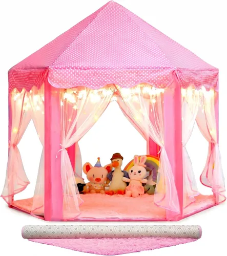 Vista 11 de Sumbababy - Tienda de campaña de castillo de princesa para niñas, de juego, hexagonal, azul, con luces de estrella de hadas, juguetes para niños