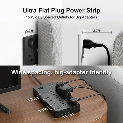Vista 2 de Regleta de protección contra sobretensiones con 15 tomas, 4 puertos USB para 20 W, cable de extensión de enchufe plano de 6.5 pies con múltiples
