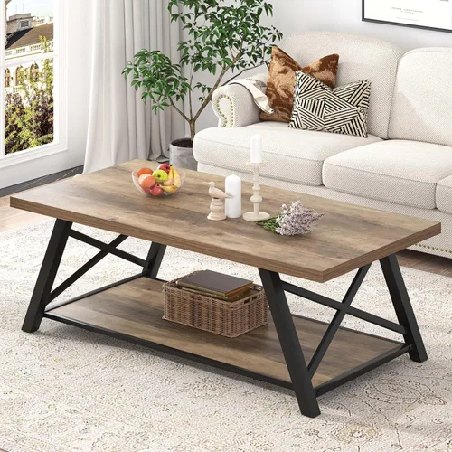 Vista 5 de EXCEFUR Mesa de centro moderna, mesa central rectangular para sala de estar con estante de almacenamiento, mesa de té de cóctel industrial de madera