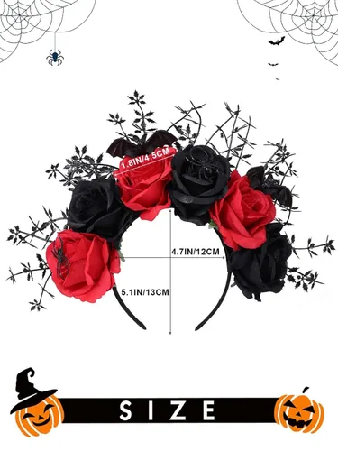 Vista 5 de Woeoe Diadema de Halloween FLower con diseño de araña, Día de los Muertos, diseño floral, para disfraz de murciélago y fiesta para mujeres y niñas