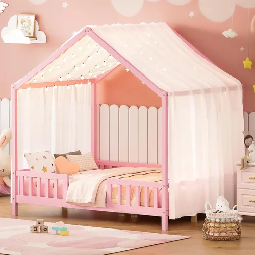 Vista 24 de Cama de casa con tienda y estantería, 2 cajones, carga USB Espresso-tt