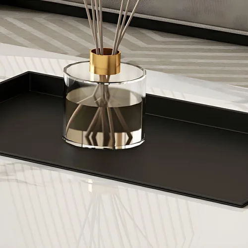Vista 6 de LAKIQ Mesa central rectangular para sala de estar, mesa de centro moderna con parte superior de piedra con bandeja negra pequeña