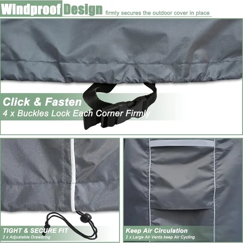 Vista 5 de Funda para mesa de patio, impermeable, rectangular, resistente 500D, protección para todo tipo de clima, para muebles de exterior, 90 pulgadas