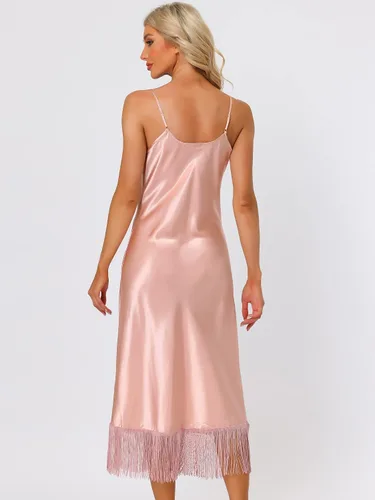 Vista 3 de cheibear Camisones de satén para mujer, camisón largo con borlas y tirantes delgados
