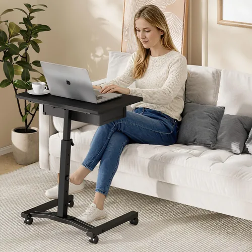 Vista 2 de Escritorio de computadora de altura ajustable con cajones, pequeño carrito de escritorio móvil para laptop con ruedas para espacios pequeños
