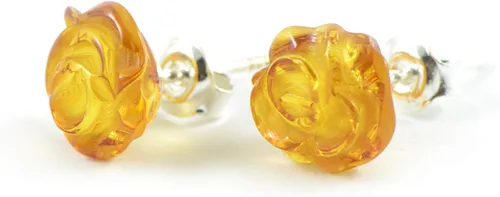 Vista 6 de Aretes de plata de ley con rosa de ámbar báltico auténtico, hechos a mano con ámbar báltico auténtico Cereza
