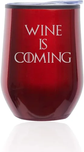 Vista 2 de Vaso de vino sin tallo para café, taza de viaje con tapa Wine Is Coming Funny (azul)