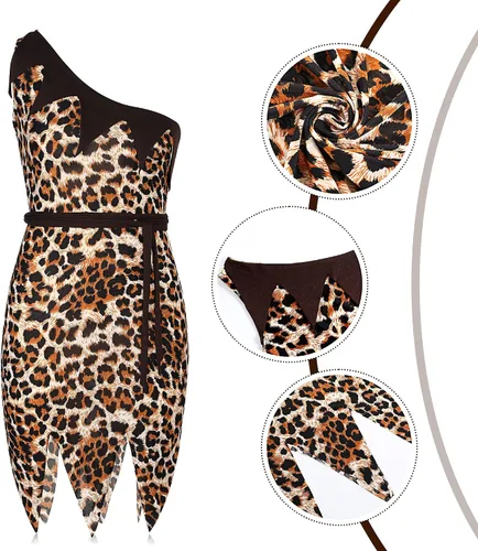 Vista 4 de SATINIOR Disfraz de mujer de caverna, con clip para el pelo de hueso, collar de caverno, cueva de leopardo, accesorios de disfraz para cosplay