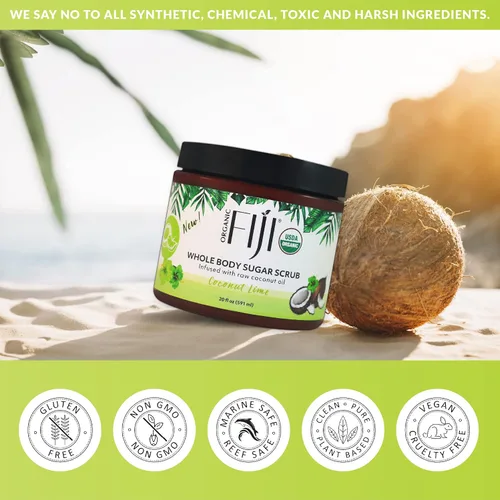 Vista 7 de Organic Fiji Exfoliante para todo el cuerpo - Infundido con aceite de coco, exfoliante de azúcar para una piel suave y suave, exfolia y restaura