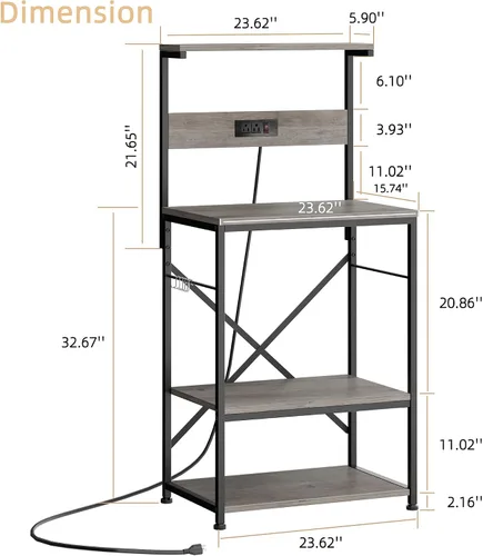 Vista 3 de JAMFLY Estante para hornear de cocina con toma de corriente, soporte para microondas con 6 ganchos en forma de S, barra de café de 4 niveles