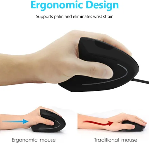 Vista 3 de Ratón ergonómico vertical con cable USB, mouse óptico para zurdos, 3 DPI ajustables 800/1200/1600, 6 botones programables, mouse universal