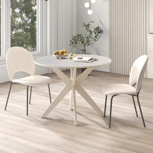 Vista 4 de Byroce - Mesa de comedor redonda de 36 pulgadas para 2-4, mesa de cocina de granja con parte superior de mármol y patas de madera maciza, mesa
