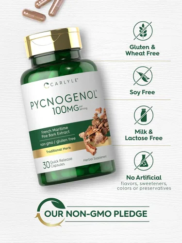Vista 5 de Carlyle Pycnogenol 100mg 30 Cápsulas Extracto de corteza de pino marítimo francés Pinus Pinaster Suplemento sin OMG y sin gluten