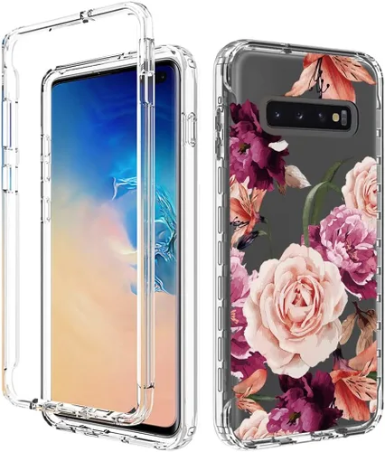 Vista 6 de Funda para Samsung Galaxy S10 Plus, diseño de flores moradas, a prueba de golpes, funda protectora de cuerpo completo con protector de pantalla