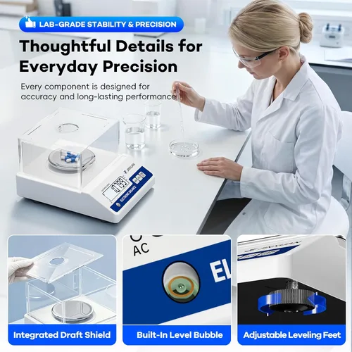 Vista 7 de Báscula de laboratorio 17.64 oz x 0.00004 oz Escala de miligramos de alta precisión Balanza analítica con parabrisas, peso de 7.05 oz, báscula