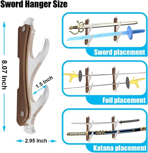 Vista 3 de Soporte de pared para sable de luz de 2 niveles, soporte de acrílico para armas Katana, espada samurai, tanto, espada larga, Rapier, soporte