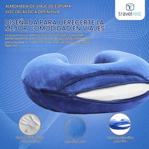 Vista 7 de Almohada terapéutica de viaje Travelrest, viscoelástica, de felpa, con cobertura de microfibra lavable, se engancha al equipaje, Memory Foam, Azul