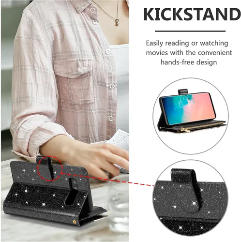 Vista 2 de UEEBAI Funda tipo cartera para Samsung Galaxy S10 Plus, Cartera de piel sintética con cierre magnético, funda de bolsillo con cremallera, ranuras