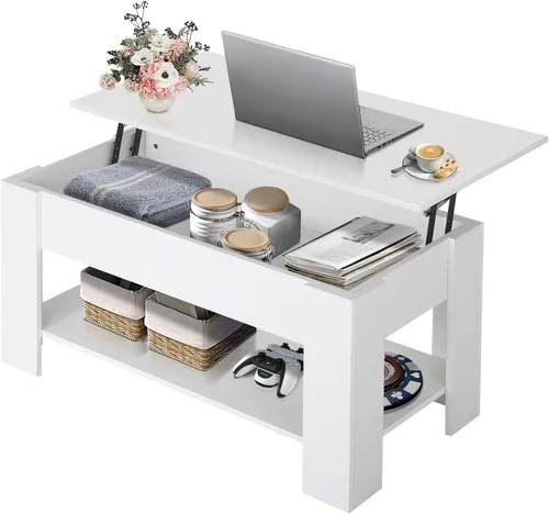Vista 8 de Mesa de centro elevable con almacenamiento oculto, diseño moderno de elevación de 39.4 pulgadas, escritorio convertible de comedor y portátil
