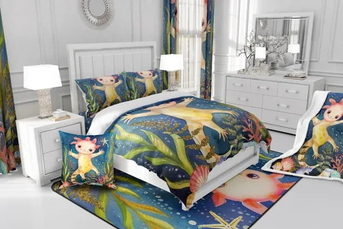 Vista 4 de Erosebridal Lindo juego de colcha de ajolote para niños, juego de edredón de salamanda de dibujos animados de 2 piezas para niños y niñas, colcha