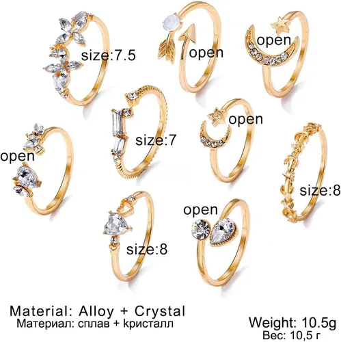 Vista 6 de KISS WIFE Juego de anillos apilables dorados para nudillos de luna y estrella para mujeres, adolescentes, niñas, bohemios, delicados y ligeros