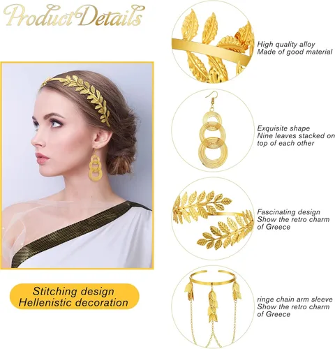 Vista 4 de 6 piezas de disfraz griego de Halloween, accesorio de Toga para mujer, corona de oro griego, diadema, pulsera, aretes