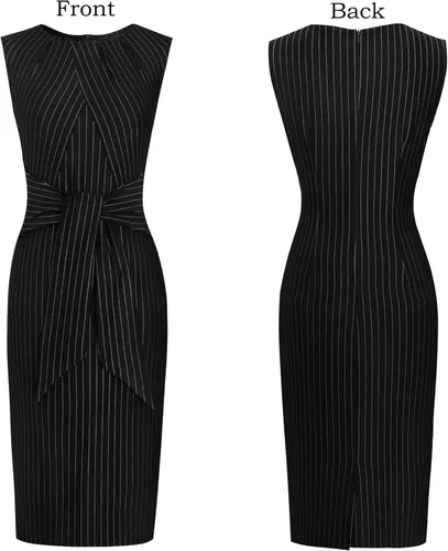Vista 3 de VFSHOW Vestido de tubo plisado con cuello redondo para mujer, sin mangas, lazo en la cintura, cinturón, ajustado, para el trabajo, la oficina