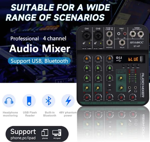 Vista 2 de Tablero mezclador de audio de 4 canales, consola de mezcla de tablero de sonido con USB digital Bluetooth 48V Phantom Power y Echo, pequeña interfaz