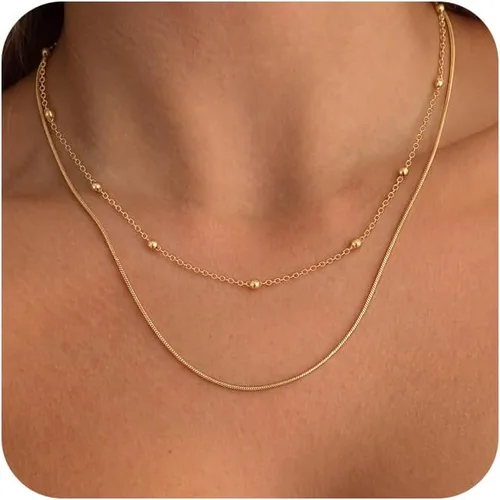 Vista 23 de Tewiky Layered Necklaces for Women Non Tarnish- Chunky 14k Gold Plated Herringbone/Snake/Rope/Box/Cuban Link Chain for Women Waterproof Layering