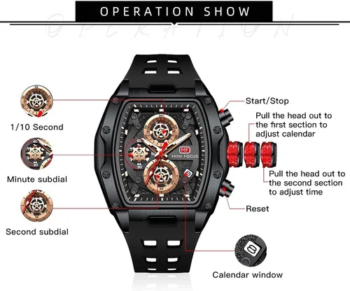 Vista 7 de Relojes para hombre, reloj Tonneau de esqueleto de lujo para hombre, impermeable, ajustable, correa de silicona, estilo steampunk, cronógrafo