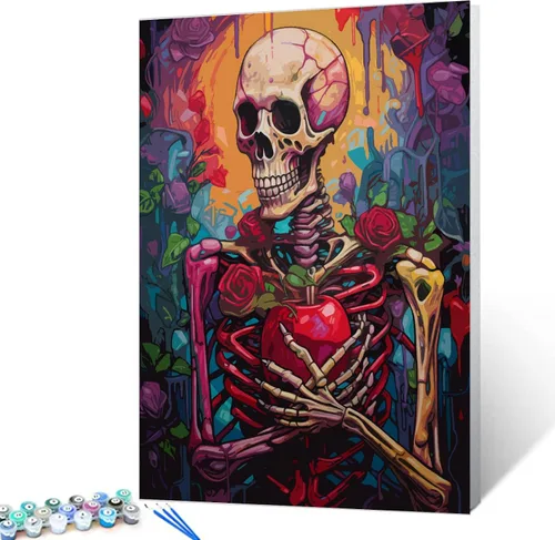Vista 10 de Tucocoo Pintura de calavera de corazón por números para adultos, diseño de flores trippy, pintura por número para adultos principiantes, pintura