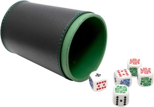 Vista 2 de Novelty Juego de 5 dados de póquer con taza de dados de cuero profesional, ideal para viajes, Cubilete