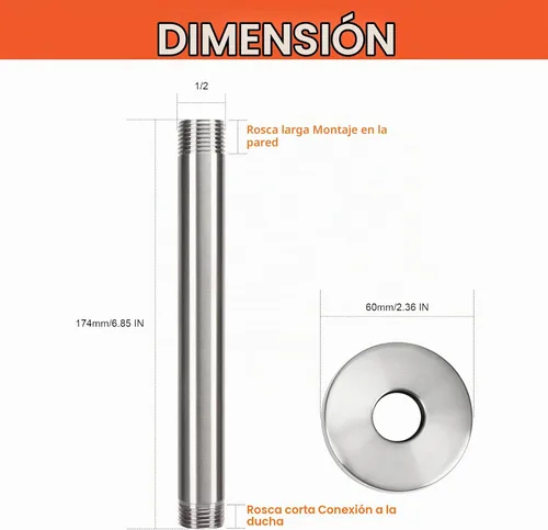 Vista 2 de Brazo de ducha montado en el techo, brazo de extensión de lluvia con brida y cinta de teflón, extensor de montaje de acero inoxidable para cabezal