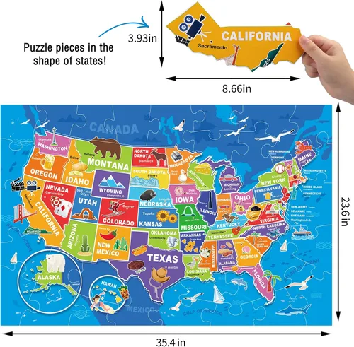 Vista 3 de Rompecabezas de suelo jumbo para niños, rompecabezas de mapa de EE. UU., rompecabezas grandes de 48 piezas de 3 a 6 años para niños pequeños