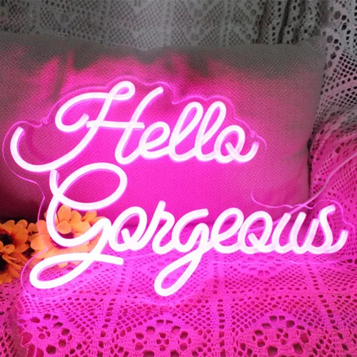 Vista 2 de Letreros de neón con texto en inglés «Hello Beautiful» con texto «Hello Beautiful», luz LED rosa para dormitorio, boda, cumpleaños, telón de fondo