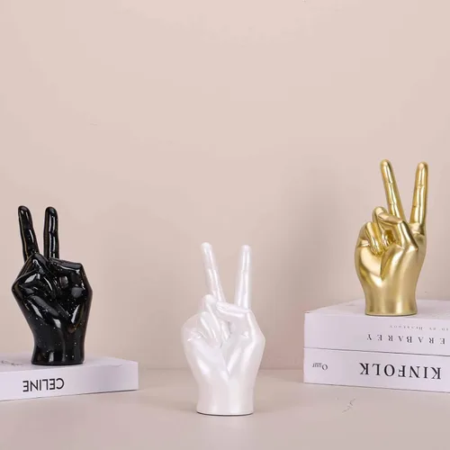 Vista 7 de LCCCK Escultura de mano dorada para decoración de signo de paz, estatua de mano de gesto genial para estantes, regalo extraño escultura funky