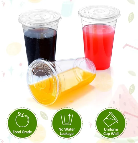 Vista 3 de Eupako Vasos de plástico de 24 onzas con tapas, transparentes desechables para llevar con tapas para café helado, bebidas frías, batidos, Bubble