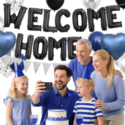 Vista 3 de Decoraciones Welcome Home Negro Azul Plateado, Pancarta de Globos de Papel de Aluminio Negro Welcome Home con Globos de Corazón Azul Marino Banderín