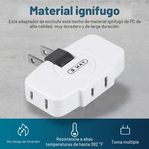 Vista 2 de SYCON Extensor de toma de corriente de pared de 3 vías, adaptador de corriente alterna, mini enchufe giratorio de 2 clavijas, enchufe extensor