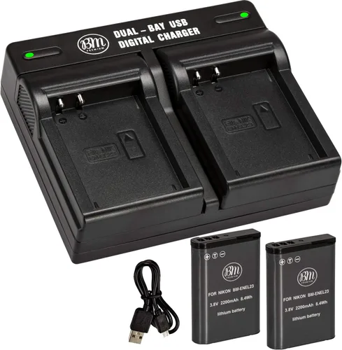 Vista 2 de BM Premium Paquete de 2 baterías EN-EL23 y cargador de batería dual para cámara digital Nikon Coolpix B700, P900, P600, P610, S810c