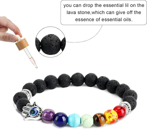 Vista 3 de Juego de 4 pulseras de mal de ojo, pulseras de cuentas Hamsa con dije de chakra, pulsera elástica para mujeres, adolescentes y niñas